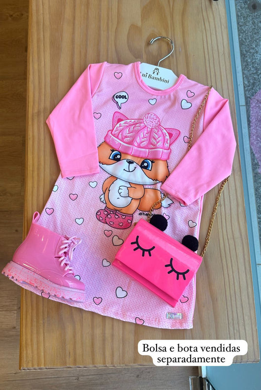 VESTIDO MANGA LONGA TERMICO RAPOSINHA COM CORACOES E STRASS MENINA ABRANGE PRO25