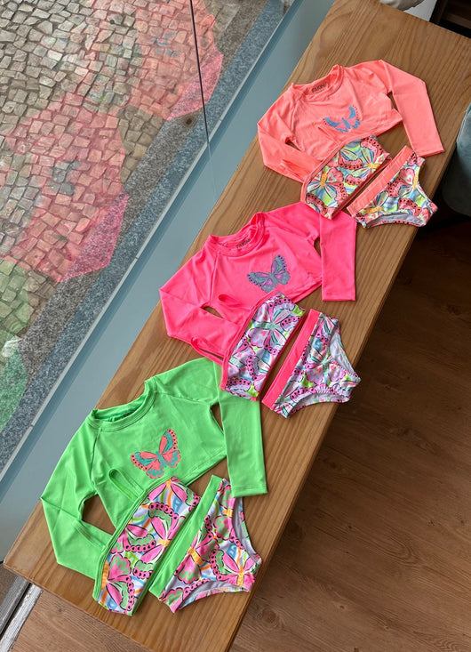 CONJUNTO BLUSA MANGA LONGA BIQUINI ALÇA E CALCINHA BORBOLETA UV50+ MENINA FAKINI