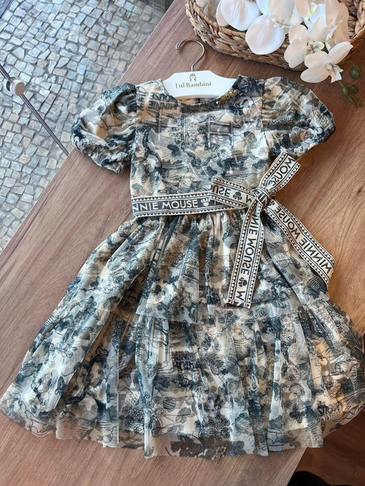 VESTIDO MANGA CURTA TULE FLORAL CINTO MINNIE MENINA ANIMÊ