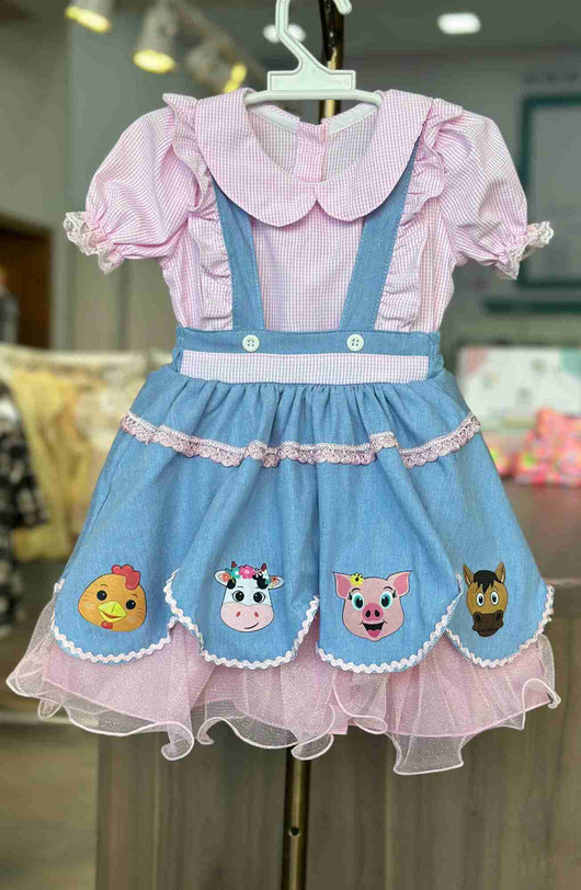 CONJUNTO BLUSA MANGA CURTA BUFANTE XADREZ BABADO E SALOPETE BABADO BOIADEIRA MENINA LUI BAMBINI