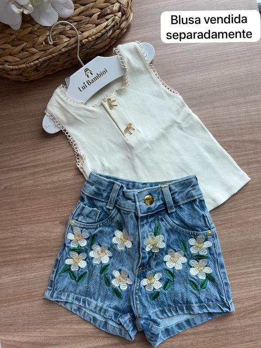 SHORT BOLSOS FAKE FLORES MARGARIDAS BORDADOS MENINA LUI BAMBINI