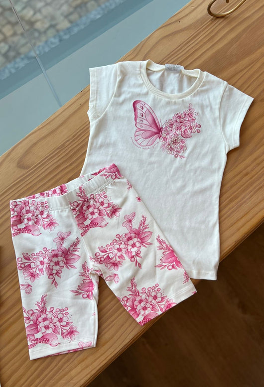 CONJUNTO BLUSA MANGA CURTA BORBOLETA E SHORT FLORAL MENINA PULLA BULLA