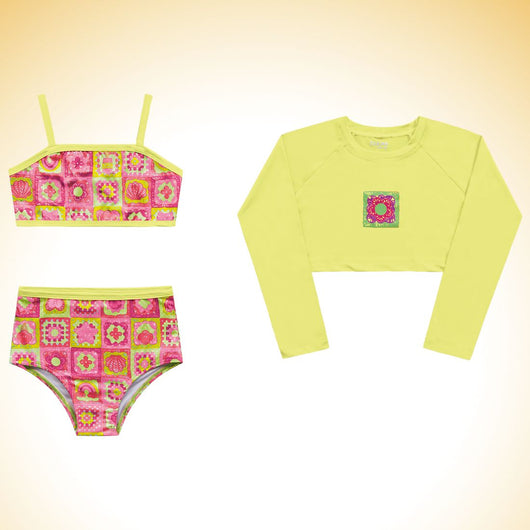 CONJUNTO BLUSA MANGA LONGA COM TOP E CALCINHA FLORAL PROTEÇÃO UV50+ MENINA FAKINI