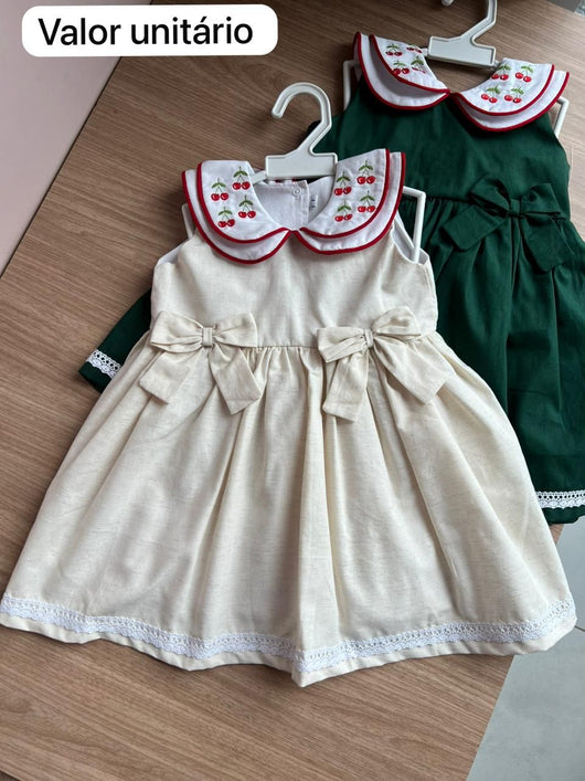 VESTIDO REGATA GOLA BORDADA CEREJAS LAÇO MENINA LUI BAMBINI