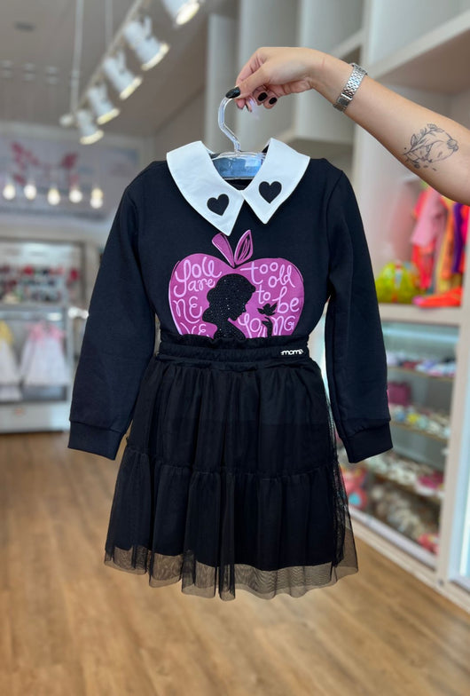 CONJUNTO CASACO MOLETOM MANGA LONGA COM BLUSA E SAIA TULE BABADOS BRANCA DE NEVE LINCENCIADO MENINA MOMI PRO45