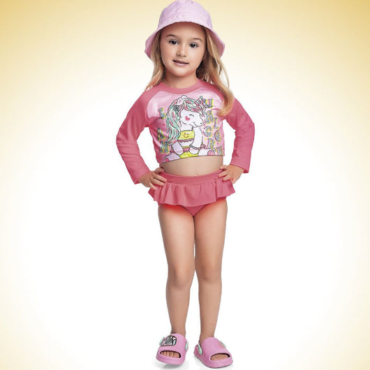 CONJUNTO BLUSA MANGA LONGA UNICÓRNIO E CALCINHA BABADO PROTEÇÃO UV50+ MENINA FAKINI