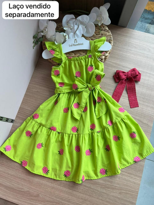 VESTIDO ALÇA BABADO BORDADO FRUTAS E LAÇO MENINA MOMI