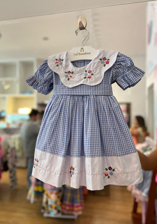 Vestido Junino Manga Curta Xadrez Gola Floral Bordada E Cinto Faixa Menina Lui Bambini Pro40