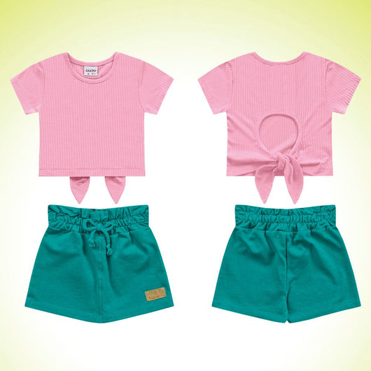 CONJUNTO BLUSA MANGA CURTA CANELADA AMARRACAO E SHORT SAIA MENINA FAKINI PRO40