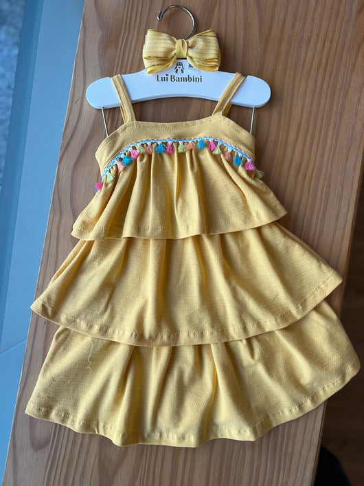 VESTIDO COM ALÇA E SOBREPOSIÇÃO BARBICACHOS COLORIDOS MENINA FAKINI