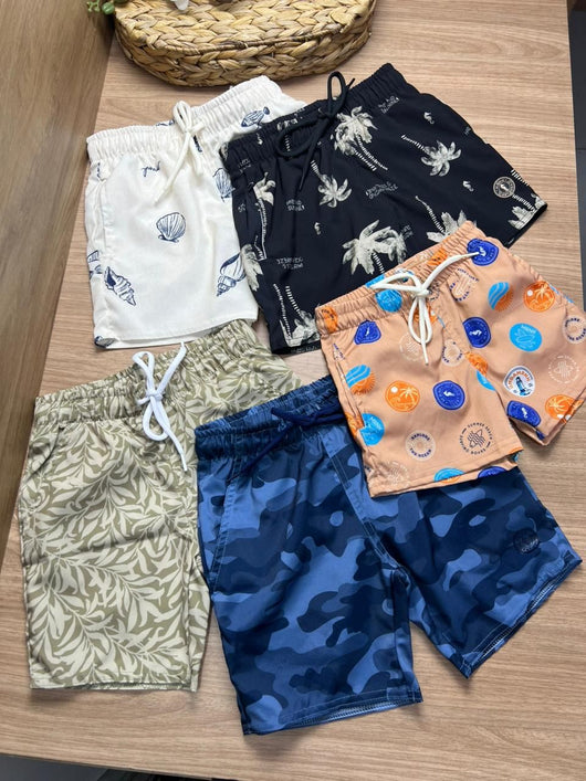 BERMUDA SHORT CORDÃO NYLON ANIMAIS FUNDO DO MAR CONCHA PEIXE CAVALO MARINHO MENINO ONDA MARINHA