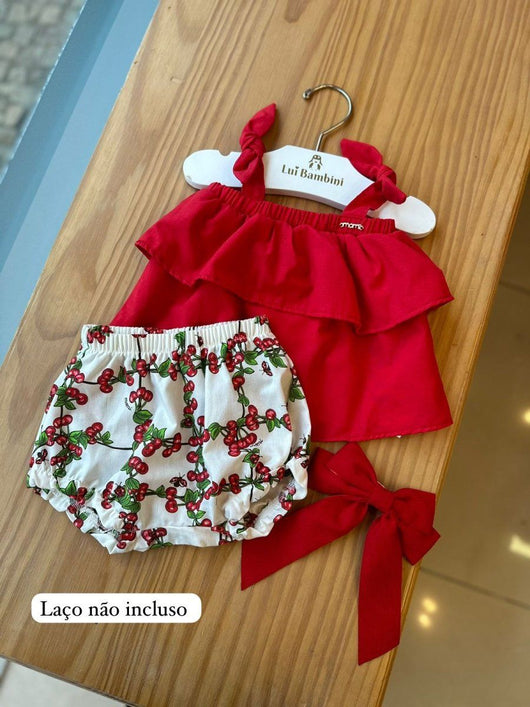 CONJUNTO BATA ALCA COM BABADO E SHORT CEREJINHAS E JOANINHAS MENINA MOMI 45PRO50+