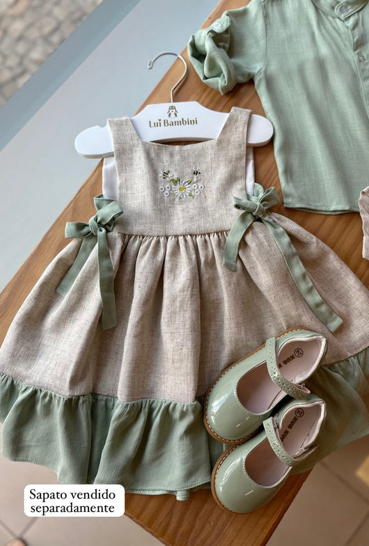 VESTIDO REGATA LINHO COM AJUSTE LATERAL LAÇOS ABELHAS BORDADAS MENINA BARBARA KIDS