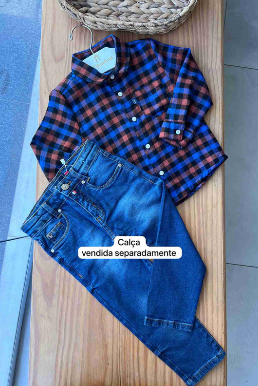 CAMISA MANGA LONGA XADREZ FLANELADO BOLSO MENINO ONDA MARINHA