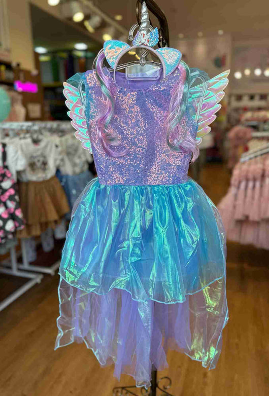 FANTASIA REGATA BABADO TULE PAETES UNICÓRNIO TIARA ASAS MENINA LUI BAMBINI