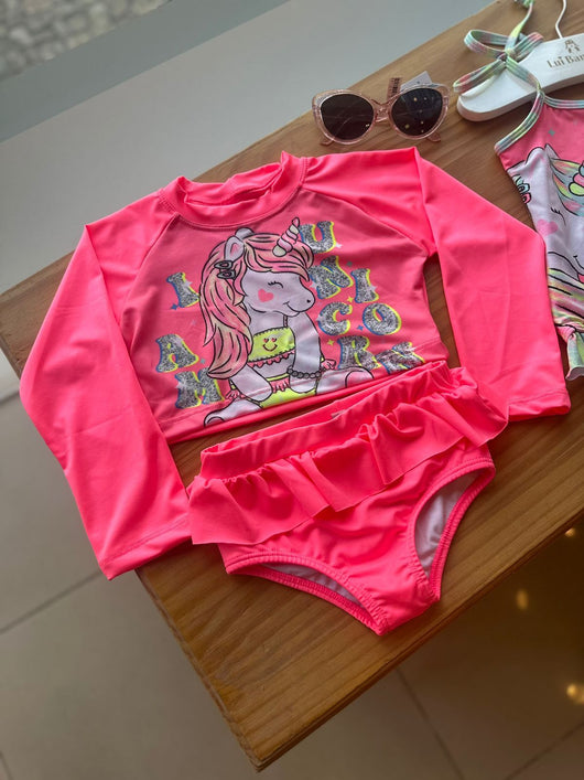 CONJUNTO BLUSA MANGA LONGA UNICÓRNIO E CALCINHA BABADO PROTEÇÃO UV50+ MENINA FAKINI