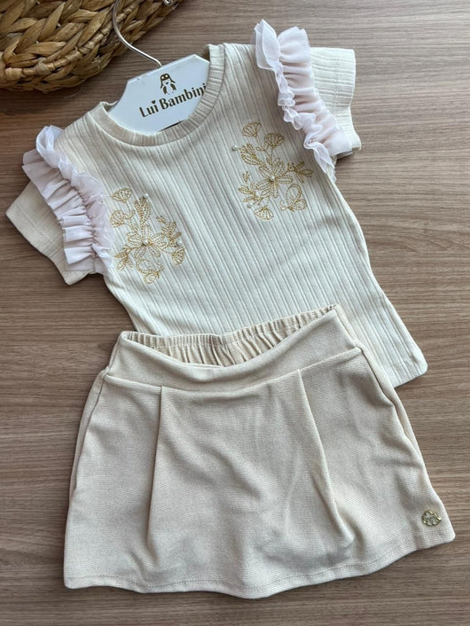 CONJUNTO BLUSA MANGA CURTA CAENLADO BORDADO PÉROLAS TULE E SHORT SAIA MENINA ANGERO