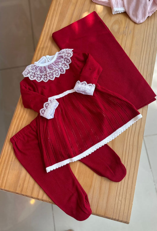 KIT SAIDA MATERNIDADE VESTIDO BODY MANGA LONGA CALÇA E MANTA TULE FLOR MENINA LUI BAMBINI