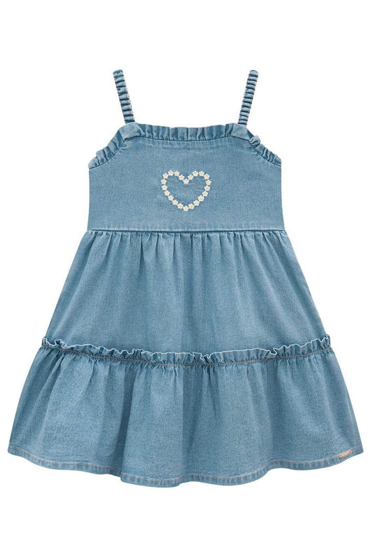 VESTIDO JEANS COM ALCA PLISSADA E BABADO CORACAO FLORAL BORDADO MENINA INFANTI PRO45