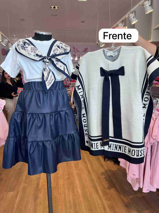 CONJUNTO MC BLUSA E PONCHO TRICOT LAÇO COM SAIA COURO MENINA ANIMÊ