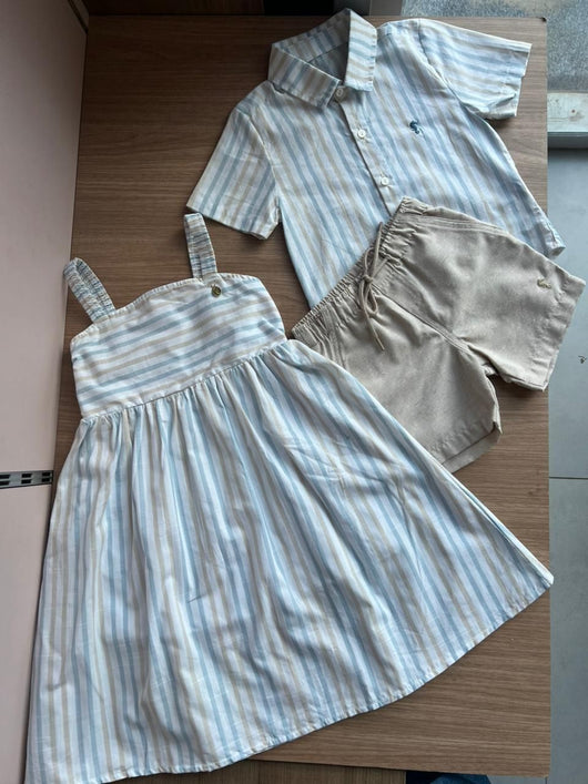 CONJUNTO CAMISA MANGA CURTA LISTRADA COM BERMUDA BOLSO E CORDÃO MENINO ONDA MARINHA