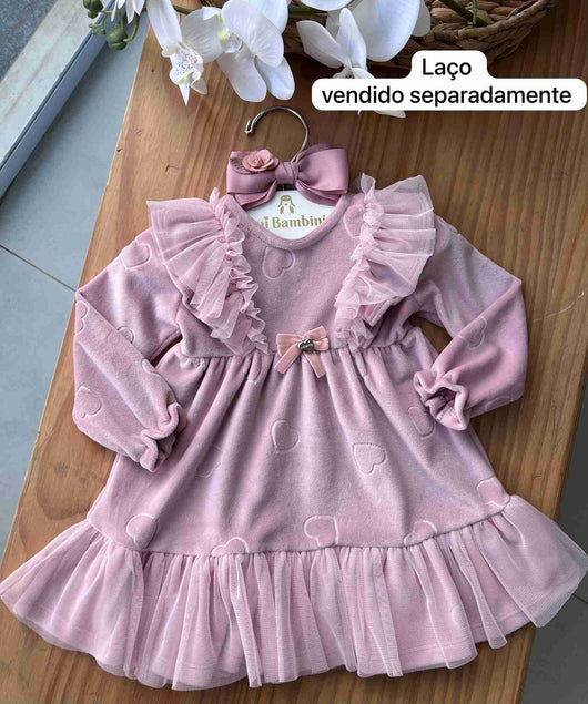 VESTIDO MANGA LONGA AVELUDADO CORAÇÕES TULE MENINA INFANTI