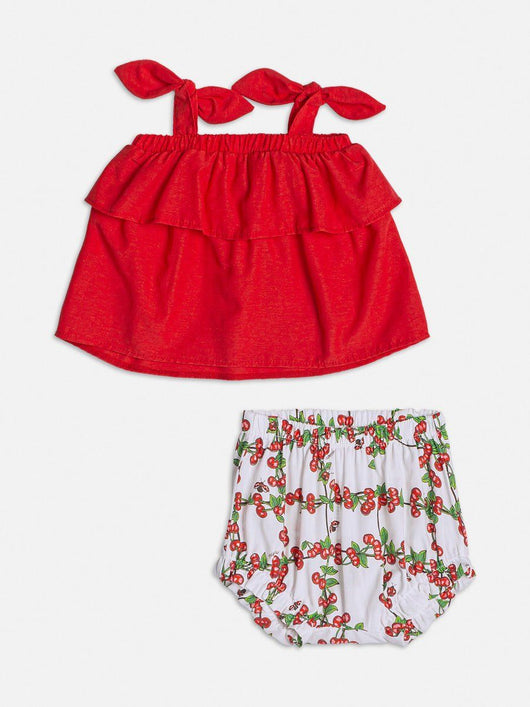 CONJUNTO BATA ALCA COM BABADO E SHORT CEREJINHAS E JOANINHAS MENINA MOMI 45PRO50+