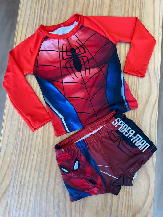 CONJUNTO CAMISETA MANGA LONGA COM SUNGA BOXER HOMEM ARANHA UV50+ MENINO FAKINI