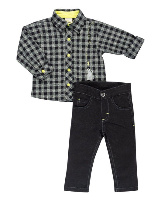 CONJUNTO CAMISA MANGA LONGA E CALCA XADREZ SARJA DOG MENINO ANJOS BABY 45PRO50+