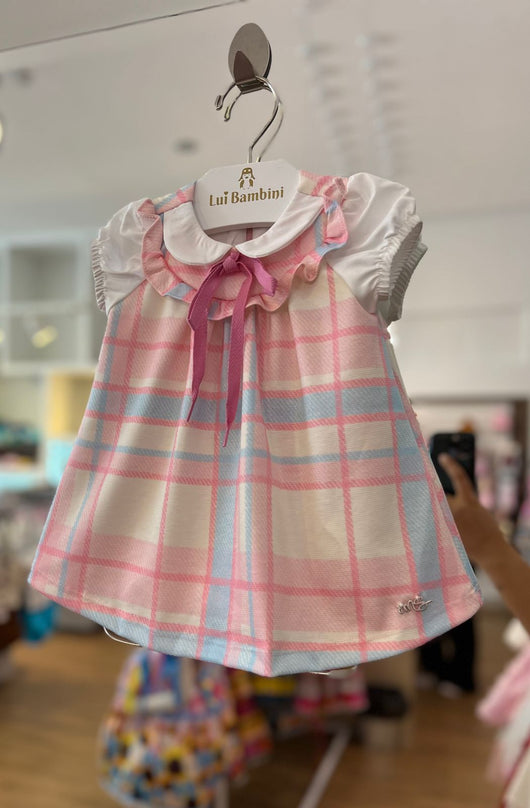 VESTIDO MANGA CURTA XADREZ COM BABADO ZÍPER E LAÇO CADARÇO MENINA MON SUCRE
