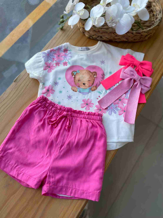 CONJUNTO BLUSA MANGA CURTA URSO CORAÇÃO PÉROLAS E SHORT VISCOSE MENINA KUKIÊ