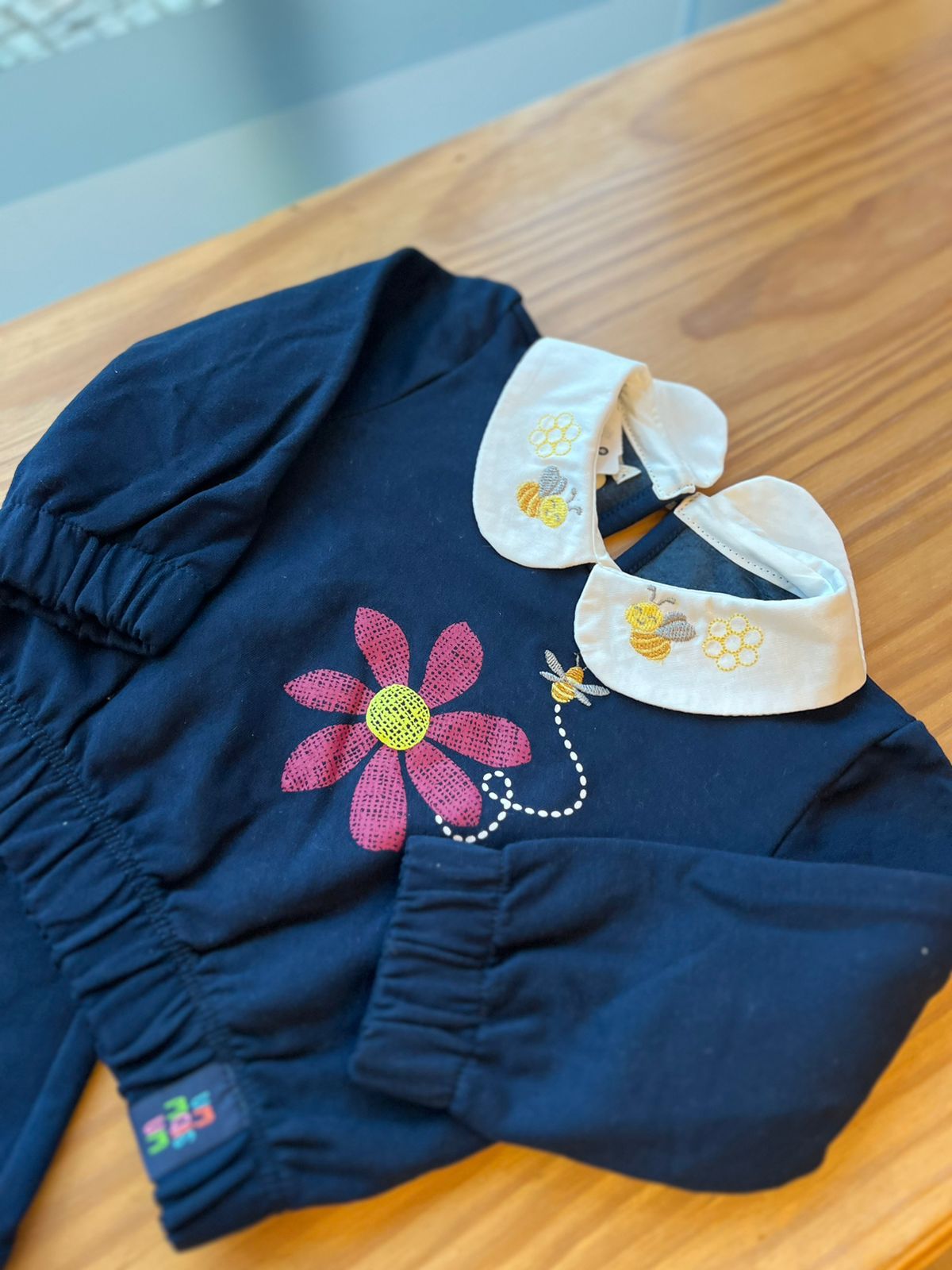 CONJUNTO CASACO MANGA LONGA GOLA BORDADA ABELHAS E FLORES COM CALÇA MOLETINHO MENINA 1+1