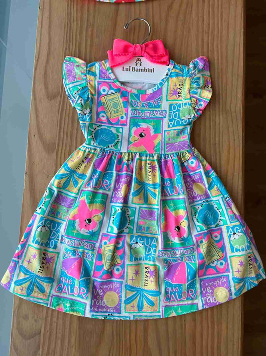 VESTIDO MANGA CURTA PÁSSAROS COLORIDOS NA PRAIA MENINA FAKINI