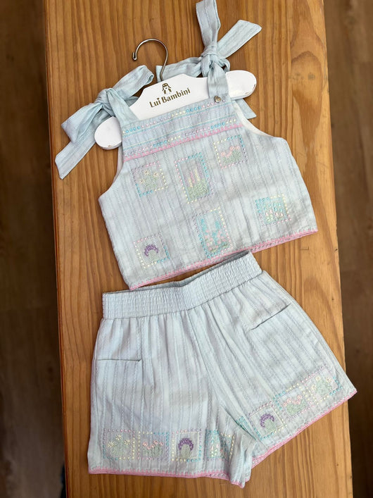 CONJUNTO BLUSA REGATA COM BORDADOS FLORAIS E SHORT BORDADO FLORAL MENINA PETIT CHERIE 2PRO50