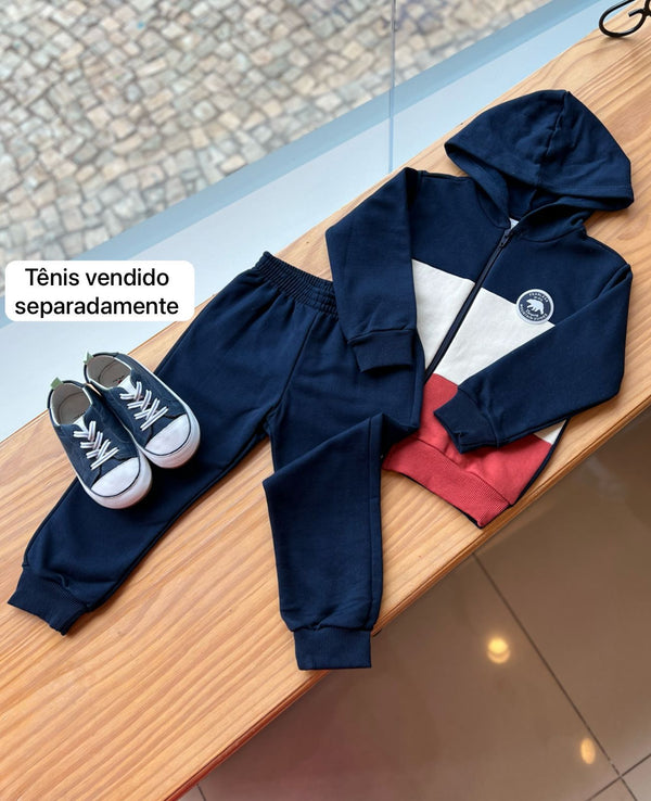 CONJUNTO MOLETOM MANGA LONGA COM ZÍPER CAPUZ URSO POLAR E CALÇA MENINO PULLA BULLA