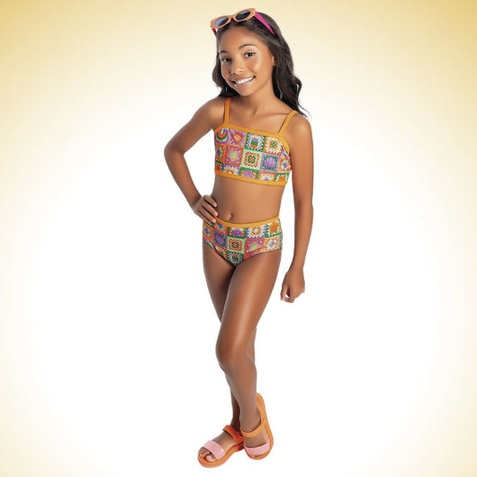 CONJUNTO BLUSA MANGA LONGA COM TOP E CALCINHA FLORAL PROTEÇÃO UV50+ MENINA FAKINI