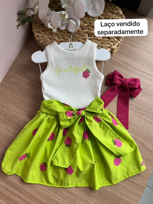 CONJUNTO REGATA CANELADO BORDADO FRUTAS E SAIA LAÇO MENINA MOMI
