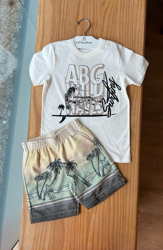 CONJUNTO CAMISETA MANGA CURTA SURFING E BERMUDA COQUEIROS MENINO ABRANGE 35PRO50