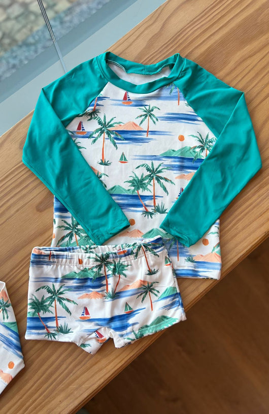 CONJUNTO CAMISETA MANGA LONGA E SUNGA BOXER COQUEIROS UV 50+ MENINO LUI BAMBINI