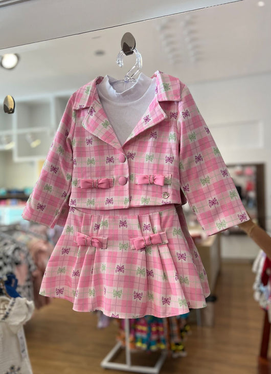 CONJUNTO BLUSA MANGA LONGA QUADRICULADA E SAIA PLISSADA COM LACOS E STRASS MENINA PETIT CHERIE 40PRO50