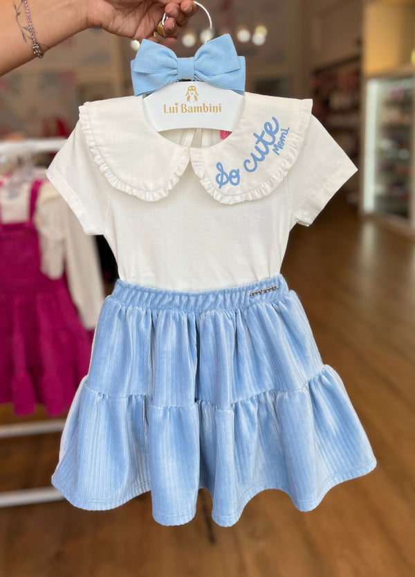 CONJUNTO BLUSA MANGA CURTA BABADOS SO CUTE E SAIA PLISSADA PLUSH MENINA MOMI