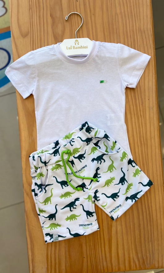 CONJUNTO CAMISETA MANGA CURTA E BERMUDA MOLETINHO DINOSSAUROS MENINO TRENZINHO FELIZ PRO40