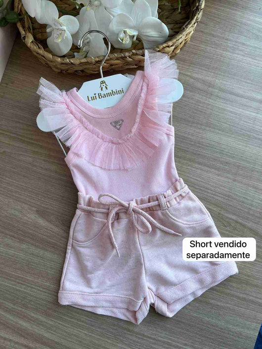 BLUSA REGATA CANELADO TULE BABADO STRASS PC MENINA PETIT CHERIE