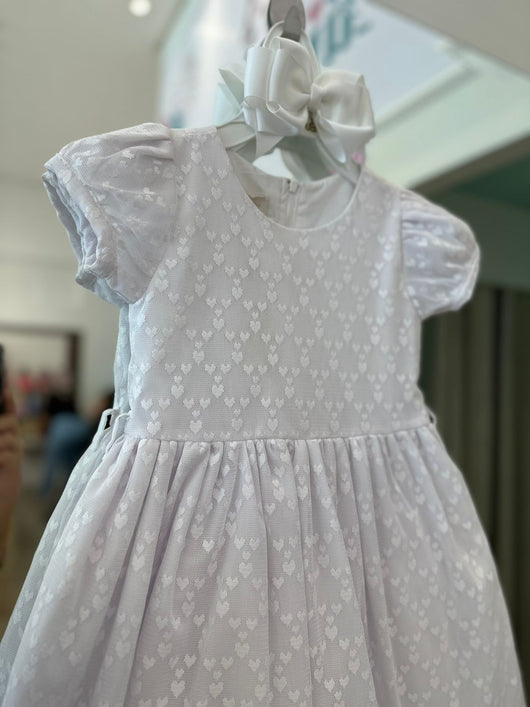 VESTIDO BATIZADO MANGA CURTA COM CINTO CORACOES TULE MENINA ANJOS BABY PRO50