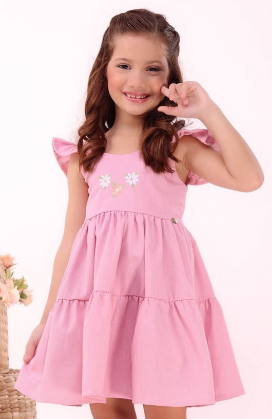 VESTIDO ALÇA BABADO TRES FLORES BORDADO COM LAÇO LINHO MENINA LUI BAMBINI