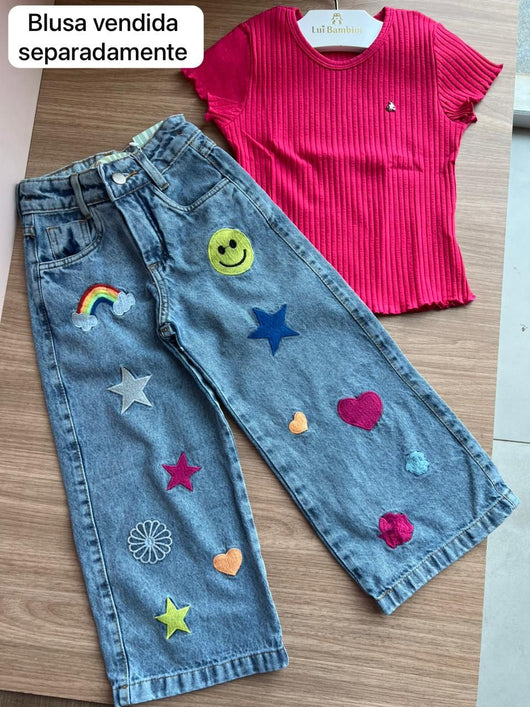 CALÇA WIDE LEG EMOJI BORDADO ESTRELA CORAÇÃO BOLSOS MENINA LUI BAMBINI