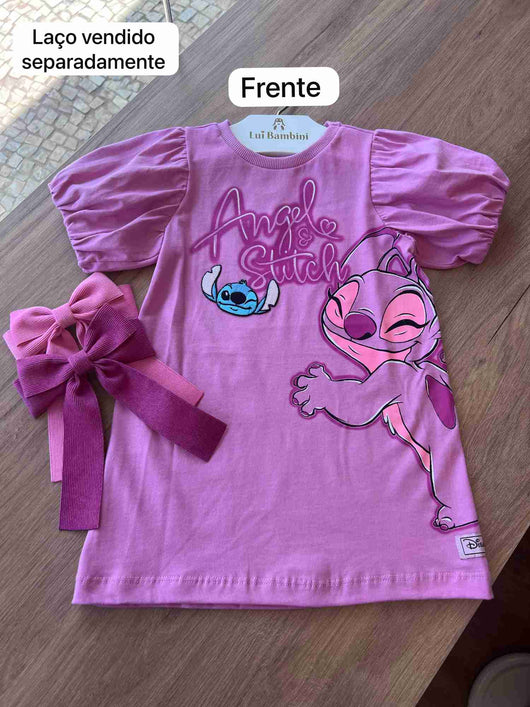 VESTIDO MANGA CURTA STITCH E ANGEL MENINA MOMI
