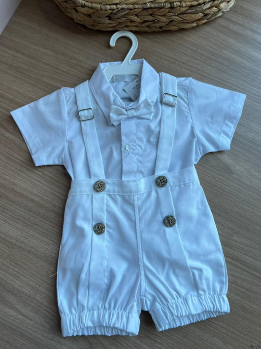 CONJUNTO BODY CAMISA MANGA CURTA BATIZADO SUSPENSORIO GRAVATA BORBOLETA E BERMUDA MENINO POLO INFANTI