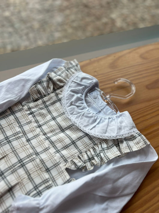 CONJUNTO BODY CAMISA MANGA LONGA COM RENDA E SALOPETE XADREZ MENINA BARBARA KIDS