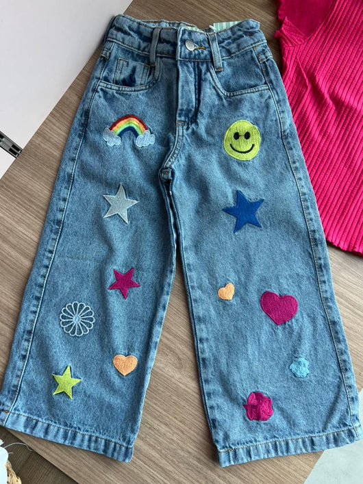 CALÇA WIDE LEG EMOJI BORDADO ESTRELA CORAÇÃO BOLSOS MENINA LUI BAMBINI